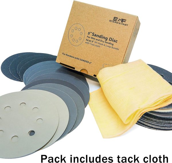 5 inch Wet Dry Sanding Discs Hook & Loop 54 pcs, 80 120 180 220 400 600 1000 2000 3000 Grit Silicon Carbide Orbital Sander Sandpaper Assortment with Tack Cloth, Automotive Wood Metal S&F STEAD & FAST - Image 6