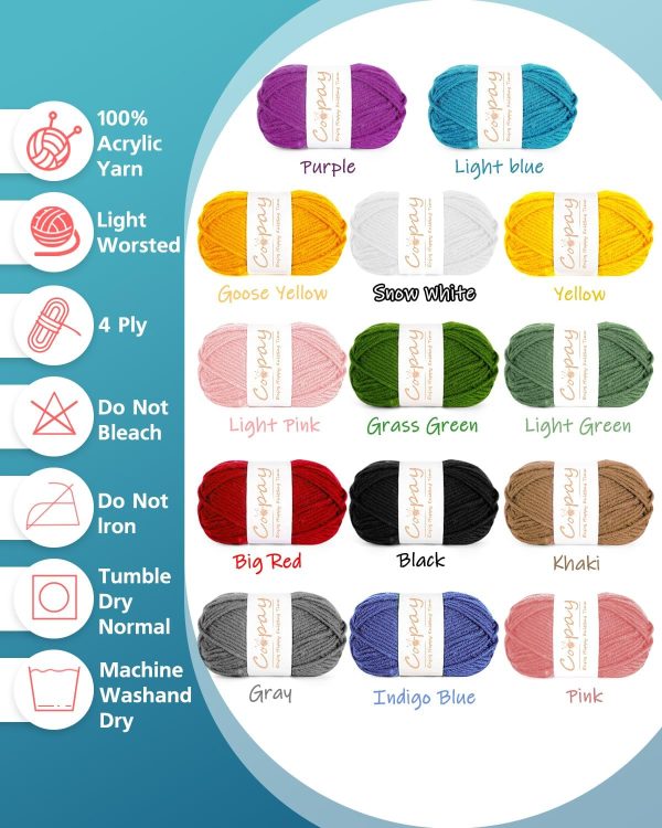 Coopay Yarn for Crocheting & Knitting, 25gx14 Colors Crochet Yarn 1071yd Acrylic Yarn for Crochet Animal Kit, Multicolor Yarn Kit 4ply Soft Yarn Set for Beginners/Professionals - Image 5