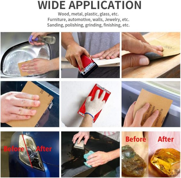 LANNEY Sand Paper, 120 to 2500 Fine Grit Sandpaper Assortment Pack with Sanding Block Sander, Wet Dry Waterproof Abrasive Sandpaper Sheets for Automotive Wood Metal Polishing Finishing, 9х3.6 Inch - Image 6