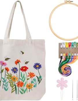 Louise Maelys Canvas Tote Bag Embroidery Kit for Beginners,Cross Stitch Kits for Adults,Arts Crafts Needlepoint with Flowers Pattern,Hoop and Instruction