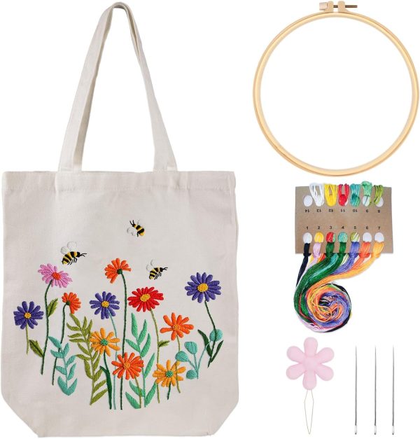 Louise Maelys Canvas Tote Bag Embroidery Kit for Beginners,Cross Stitch Kits for Adults,Arts Crafts Needlepoint with Flowers Pattern,Hoop and Instruction