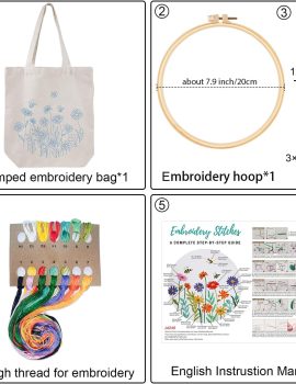 Louise Maelys Canvas Tote Bag Embroidery Kit for Beginners,Cross Stitch Kits for Adults,Arts Crafts Needlepoint with Flowers Pattern,Hoop and Instruction