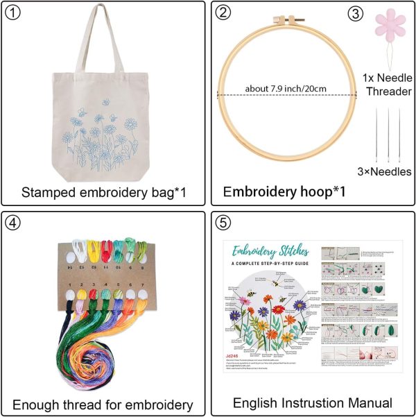 Louise Maelys Canvas Tote Bag Embroidery Kit for Beginners,Cross Stitch Kits for Adults,Arts Crafts Needlepoint with Flowers Pattern,Hoop and Instruction - Image 2