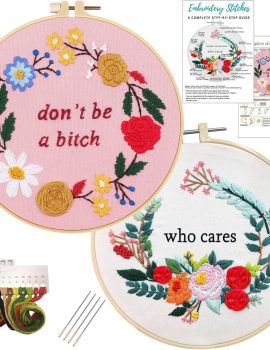 Nuberlic 2 Sets Funny Embroidery Kit with Stamped Floral Pattern for Beginners Adults Simple Cross Stitch Kits Include Needlepoint Cloth Hoops Needles Threads