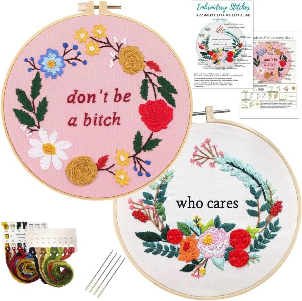 Nuberlic 2 Sets Funny Embroidery Kit with Stamped Floral Pattern for Beginners Adults Simple Cross Stitch Kits Include Needlepoint Cloth Hoops Needles Threads