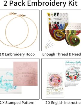 Nuberlic 2 Sets Funny Embroidery Kit with Stamped Floral Pattern for Beginners Adults Simple Cross Stitch Kits Include Needlepoint Cloth Hoops Needles Threads