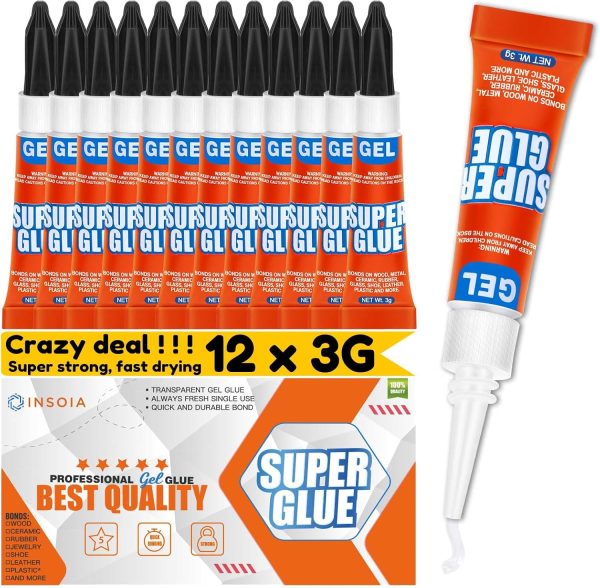 Super Glue Gel Clear Non-Drip, 12 X 3g All Purpose Strong Adhesive Ca Glue Quick Dry Instant Glue for Plastic, Metal, Ceramic, Shoe, Wood, Leather, Model, Aquarium, Rhinestone, Jewelry and DIY Crafts