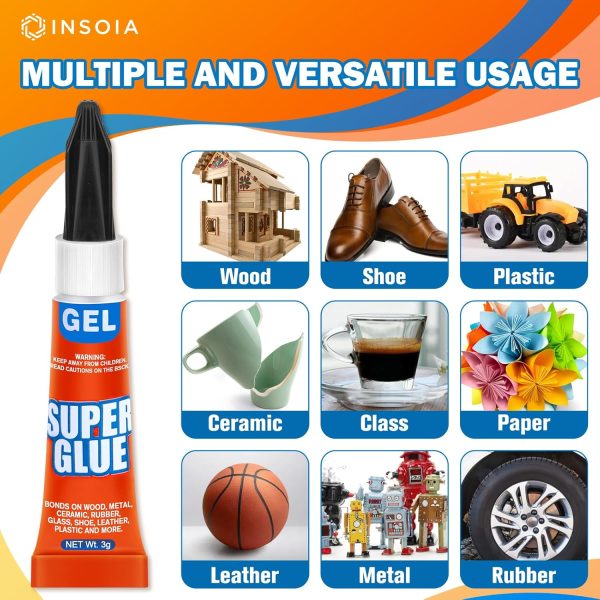 Super Glue Gel Clear Non-Drip, 12 X 3g All Purpose Strong Adhesive Ca Glue Quick Dry Instant Glue for Plastic, Metal, Ceramic, Shoe, Wood, Leather, Model, Aquarium, Rhinestone, Jewelry and DIY Crafts - Image 4