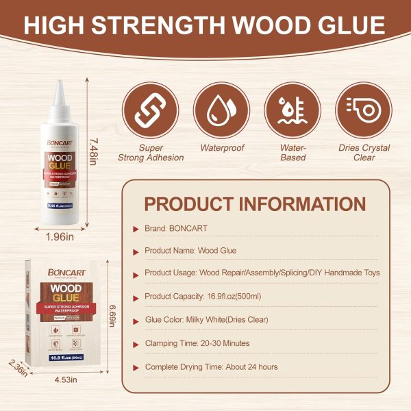Wood Glue, 8.45fl.oz Super Strong Adhesion Wood Glue for Furniture Heavy Duty, Clear After Drying, Waterproof Wood Glue for Woodworking, Crafts, Repair, Furniture Assembly (2 Pack) - Image 2