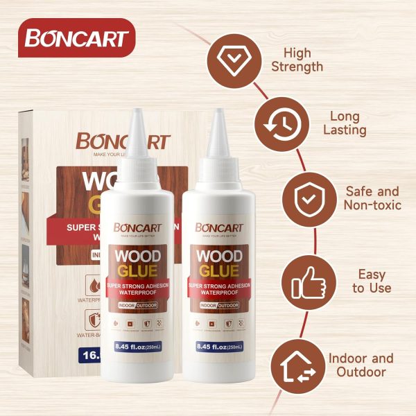 Wood Glue, 8.45fl.oz Super Strong Adhesion Wood Glue for Furniture Heavy Duty, Clear After Drying, Waterproof Wood Glue for Woodworking, Crafts, Repair, Furniture Assembly (2 Pack) - Image 3
